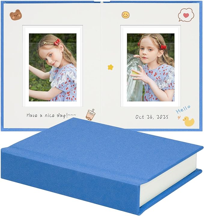 Vienrose Polaroid Photo Album with Writing Space – 2x3 Photo Album for Instax Mini & Polaroid Go, 26 Pockets Wedding Travel Scrapbook, Small Linen Album for Instant Photos, Blue