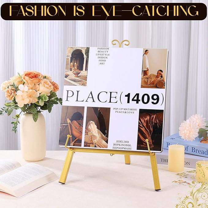 17'' Gold Tabletop Easel Stand for Sign, Metal Display Stand with Chain Support, Vintage Decor Art Easel for Display, Tabletop Picture Frame Stands for Home Wedding Photos Painting Artwork