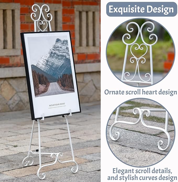 Metal Free Standing Adjustable Display Stand Scroll Easel with Chain Support, White Easel Stand for Sign, Wedding, Picture Frame. (No Installation Required)