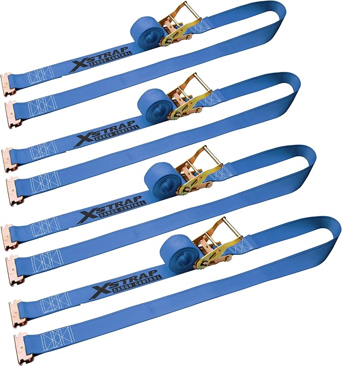 XSTRAP STANDARD 4-Pack 2" x 20' E-Track Ratchet Tie Down Straps 4,401 lbs Break Strength Heavy Duty Cargo Securement for Trailers, Trucks, Vans & Motorcycles with Spring Fittings (Blue)