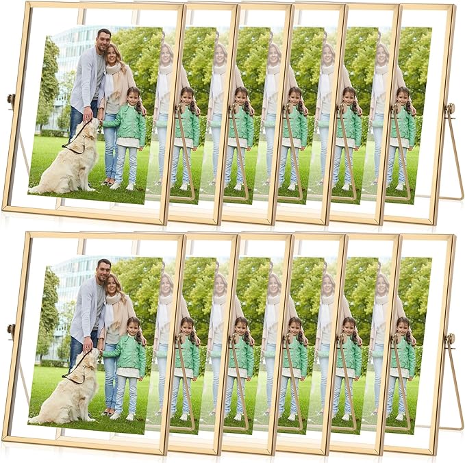 Hoteam 12 Pack 7 x 9 Inch Gold Floating Frame for Photo 5 x 7 Inch, Glass Floating Picture Frame Collection Vintage Metal Minimal Ornate Easel for Wedding Gift Pictures Photos Desk Tabletop Display
