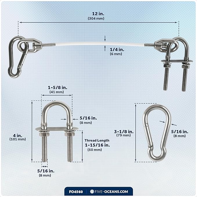 Five Oceans 12-Inch Anchor Safety Straps, Heavy Duty 7x19 PVC Coated Stainless Steel 6mm Wire Rope, Includes 5/16-Inch Carabiner Snap Hook and 5/16-Inch U-Bolt - FO4560