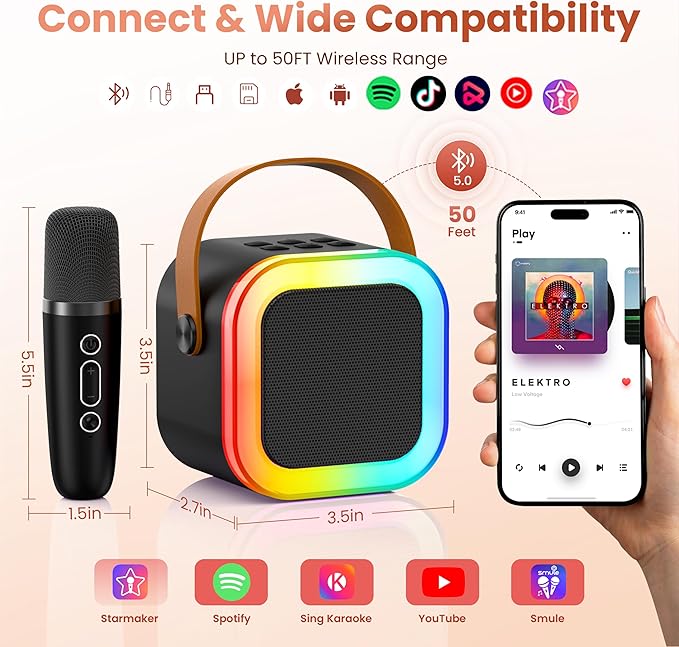 Mini Karaoke Machine for Kids Adults, 2026 TOP Birthday Gifts for Girls Boys 3,4,5,6,7,8+Year Old Toddler Kids Toys, Portable Bluetooth Speaker with 2 Wireless Karaoke Microphones Player Easter(Black)
