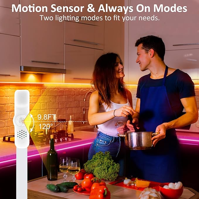maylit 8 PCS Motion Sensor RGB Under Cabinet Lights Kit, App and Remote Control Led Strip Lights, Music Sync Color Changing Led Lights with Power Adapter, for Cabinet, Counter, Shelf, Bookcase, 13ft