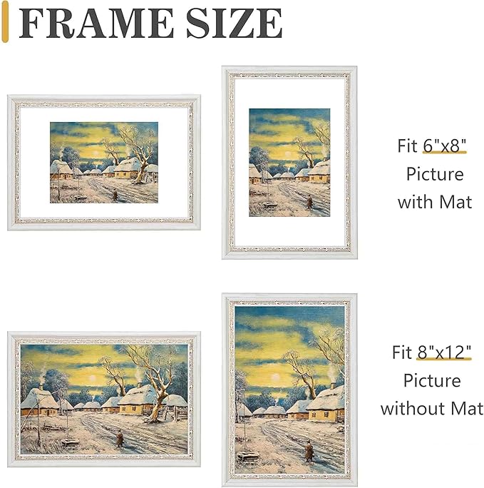 VIOLABBEY 8x12 White Gold Picture Frame, Display 6x8 Photo with Mat or 8x12 without Mat, Ornate Vintage 6 x 8 White Gold Frame for Wall Decor or Tabletop Display