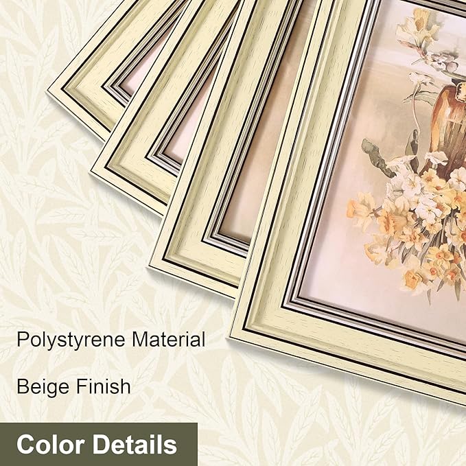 Vittanly 8x10 Picture Frame Set of 4, Vintage Photo Frame for Wall or Tabletop, Display 5x7 Pictures with Mat or 8x10 without Mat, Rustic Farmhouse Home Decor, Beige