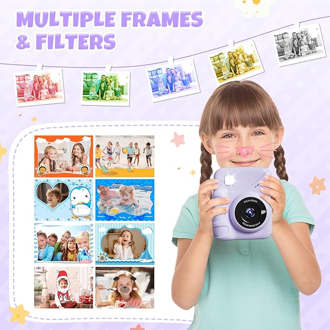Kids Camera Instant Print, 3.0'' Screen 48MP Photo Instant Camera for Kids with 32GB Card, 1080P HD Digital Child Printable Camera, Gift for 3-12 Year Old Girls Boys (Purple)