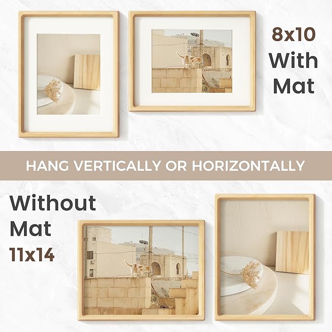 11x14 Picture Frame, USA-Sourced Natural Beech Wood Photo Frame with Tempered Glass, Handcrafted Rounded Corner 11 x 14 Wooden Frame Matted to 8x10 Photos, Hanging Hooks Included