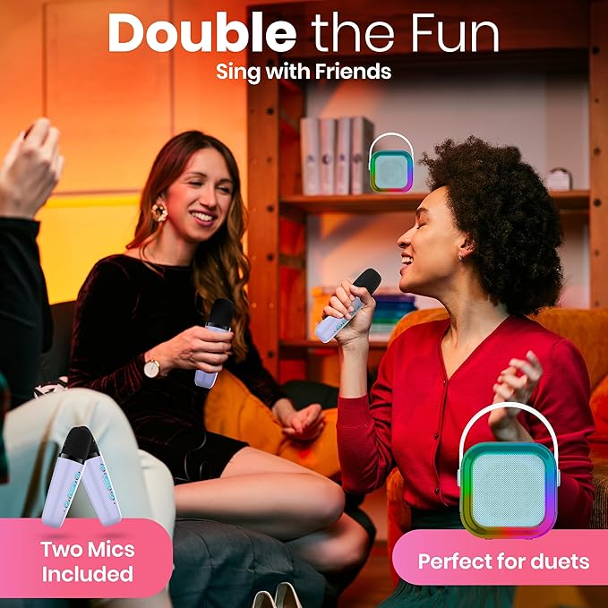 Mini Karaoke Machine for Kids Adults Teen with 2 Wireless Microphones, Gifts for Girl, Toys for Girls 6-8, Small Portable Bluetooth Speaker, Microphone, Car Singing Mic, Kareoke, Toddler Gift