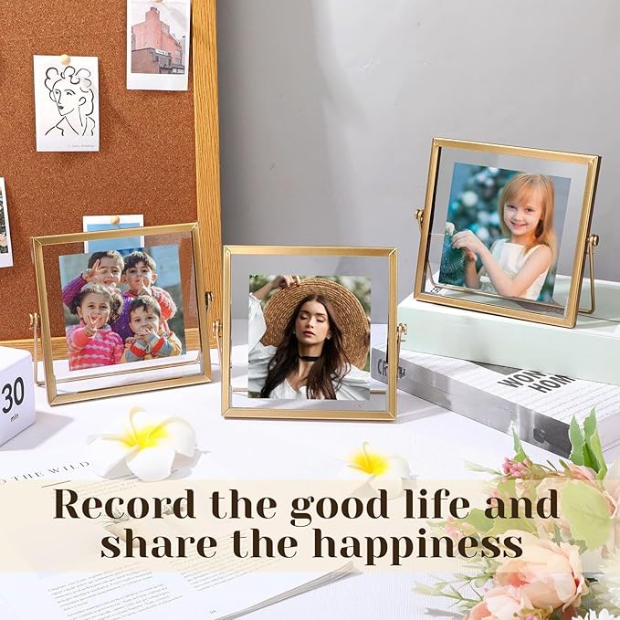 Hoteam 16 Pcs Gold Floating Frames 4 x 4 Inches Glass Photo Frames Vertical Vintage Metal Picture for Wedding Photo Picture Mounting Tabletop Display Office Decor(Gold)
