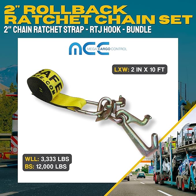 Mega Cargo Control 4 Pack 2" Chain Ratchet Strap w/RTJ Hook Tie Down Rollback, Bundle for Tow Truck Car Hauler