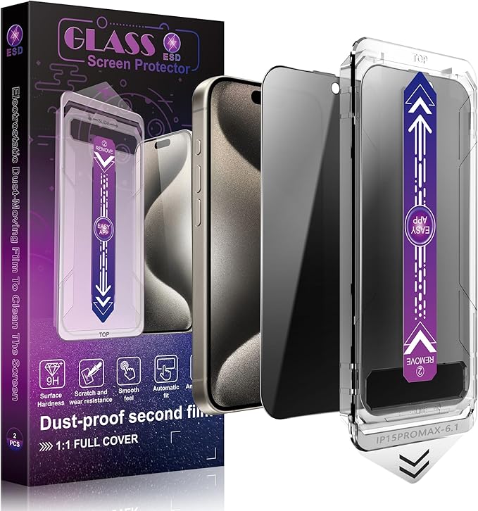SHANG PIN JIA 2 Pack Privacy Screen Protector for iPhone 15 Pro Max 6.7-Inch Auto Dust Removal, No Bubbles,Anti-Spy Tempered Glass Film, Easy Installation