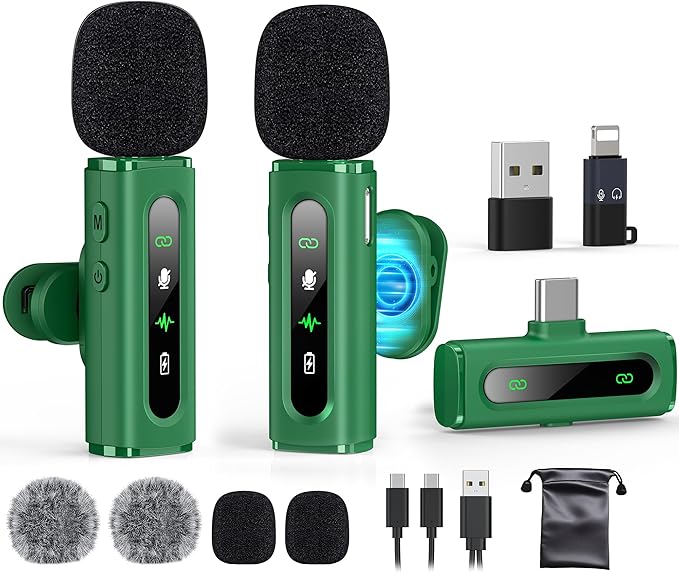 USB C Lavalier Microphone Wireless Mini Mic for Type-C Android Phone/Tablet/PC Video Recording Clip-on Mics with Rotatable Clip&Denoise Recording, Ideal for Vlog Tiktok Youtube Content Creator, Green
