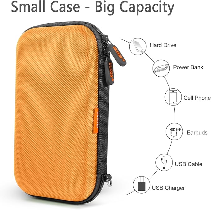 Orange Shockproof Hard EVA Carrying Case Travel Pouch for External Hard Drive, Power Bank, Cell Phone, Cable, Cord - Portable Small Electronic Accessories Organizer Storage Zipper Pouch