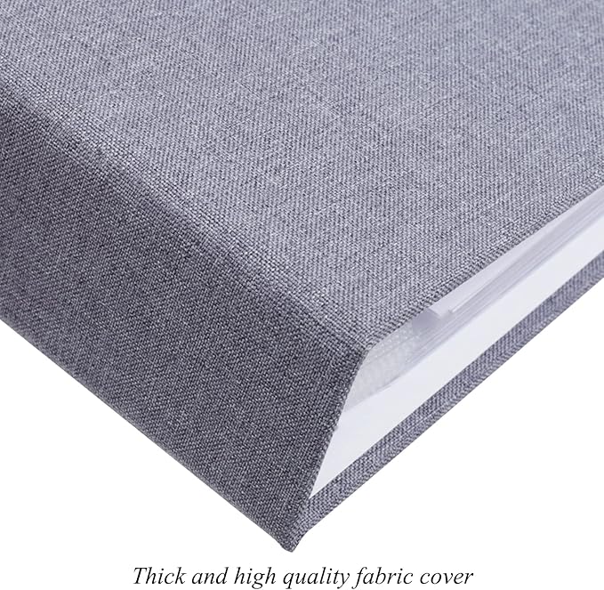 1DOT2 8x8 DIY Small 3 Ring Scrapbook Photo Album Journal with 30 Plastic Sleeves 60 Pages and Fabric Cover for Baby Travel Wedding Couple Anniversary Kids Adventure (Gray/White Pages)