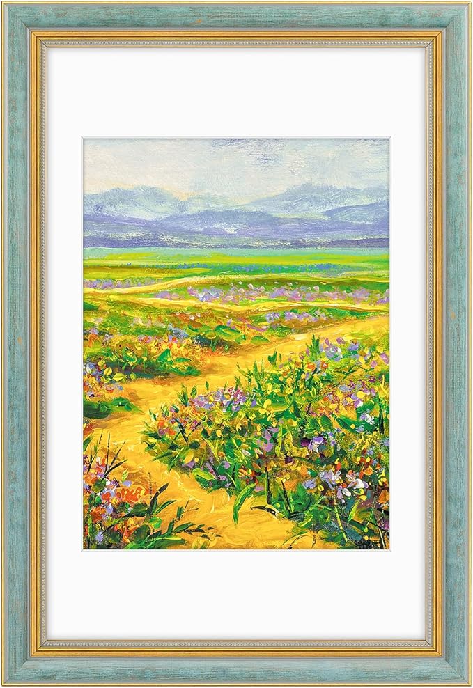 Golden State Art,11x17 Ornate Picture Frame for 9x12 Photo With Mat or 11 x 17 Prints Without Mat, Real Glass Wall Display Horizontally or Vertically (Color:Distressed Blue Gold)