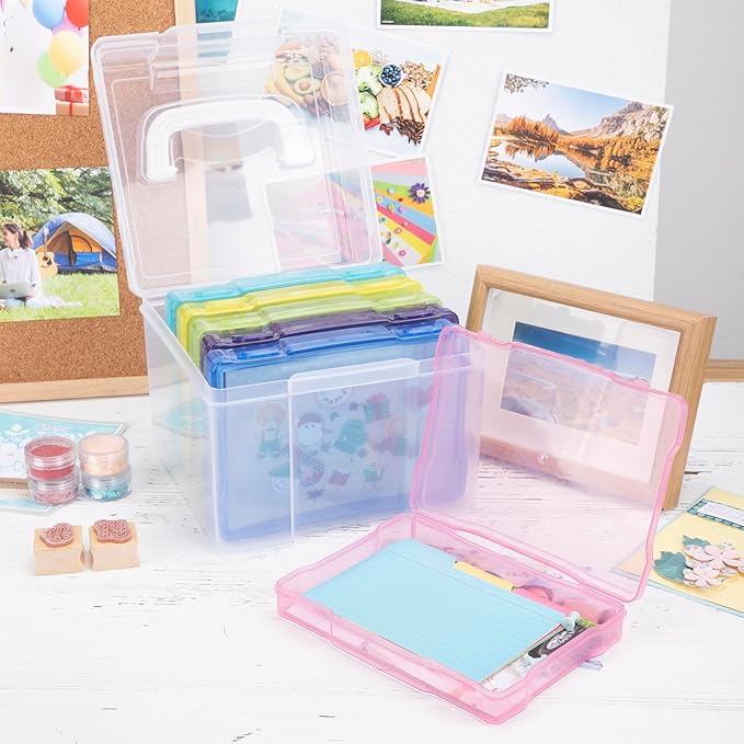 CraftGenes Photo Organizers and Storage 5x7 – Plastic Photo Storage Box with Handle, 6 Colorful Inner Cases, Photo Boxes Storage for Cards, Stickers, Crafts, Seeds, Office Supplies