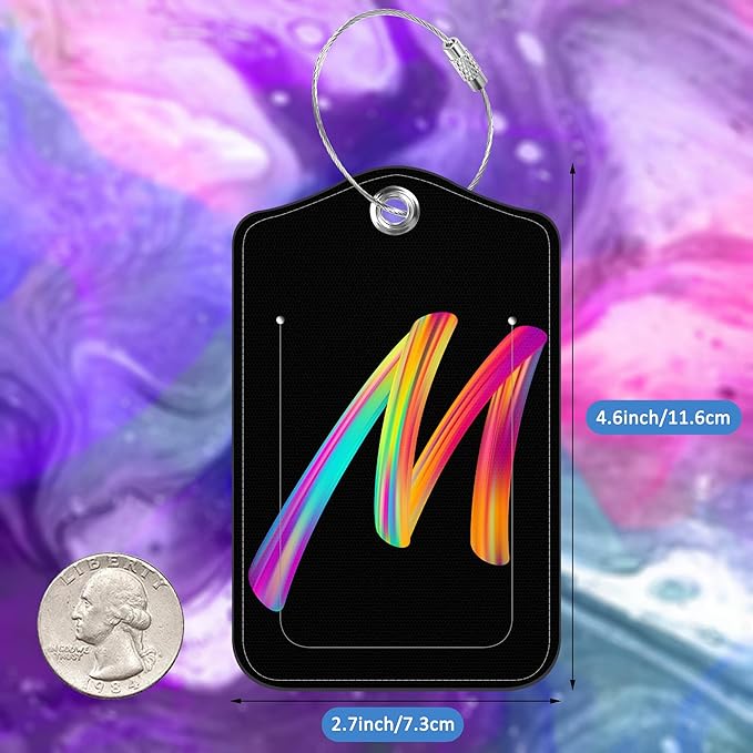 Luggage Tags for Suitcase,2 Pack Neon Colorful Letters Luggage Tags,Leather Baggage Tags Identifiers with Privacy Name Address Labels and Metal Loop for Women Men Girls Travel,Letter M