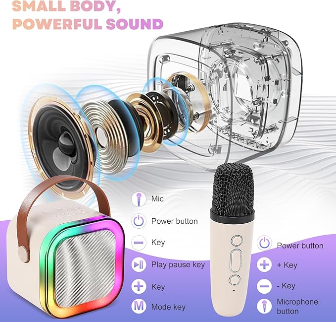 Mini Karaoke Machine, Portable Bluetooth Karaoke Speaker with 2 Wireless Microphones and Light for Family Home Party,Toys for Girls Boys Friends Age 3-12+ Kids and Adults Birthday Gifts. (Beige)