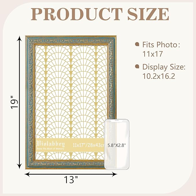 VIOLABBEY 11x17 Picture Frame Blue, Vintage Photo Frames Ornate without Mat for Wall Hanging