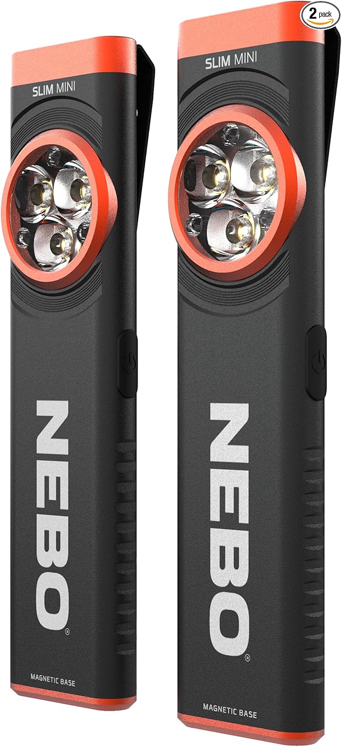 NEBO Slim Mini Pocket Light 2-Pack | Rechargeable, 250 Lumens, 2 Light Modes, Small Flashlight for EDC & Emergencies, Magnetic Base, Lightweight, Water Resistant & Durable, Includes Charging Cable