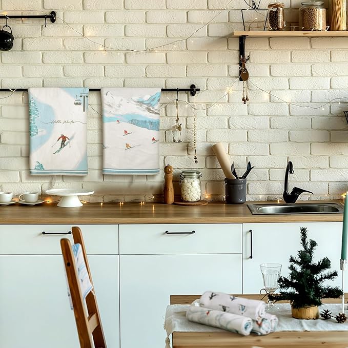Preboun 6 Pcs Winter Ski Kitchen Towels Winter Decorative Christmas Hand Towels White Cold Color Ski Themed Dish Cloth Farmhouse Tea Cloth Kitchen Accessories Bathroom Decor Souvenir Gifts