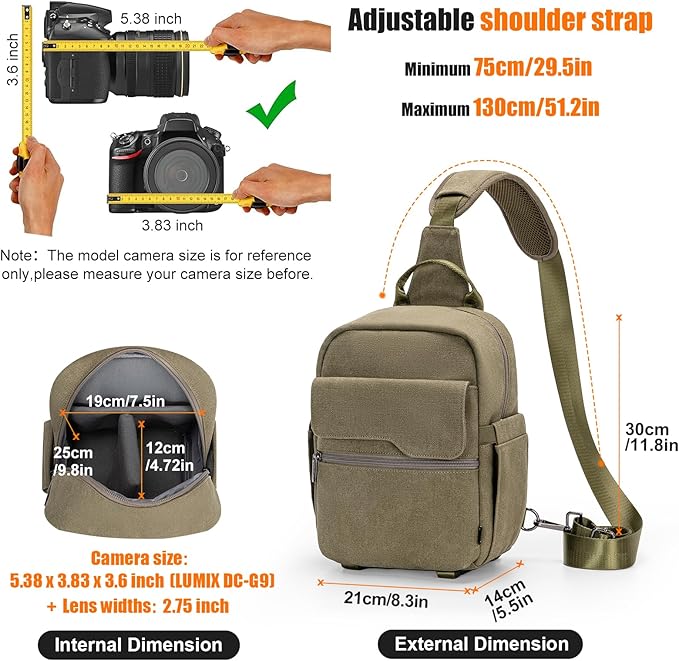 Cwatcun Camera Sling Bag Compact Large Camera Case, Waterproof Canvas Crossbody Camera Bag with Rain Cover, Travel Photography Bag for Canon Nikon Sony Fuji DSLR/SLR/Mirrorless Cameras, Lens, Green