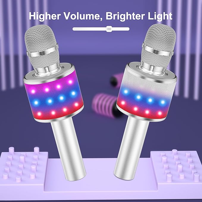 BONAOK Karaoke Microphone for Kids & Adults - Bluetooth Microphones Singing Mic with Disco Lights, Echo Effect, Built-in Speaker Portable Karaoke Player for Party Travel Gifts Q78(Silver)