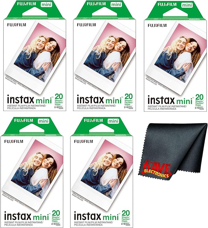 Fujifilm Instax Mini Instant Camera Film (100 Photo Exposure) Bundle with 6AVE Microfiber Cleaning Cloth