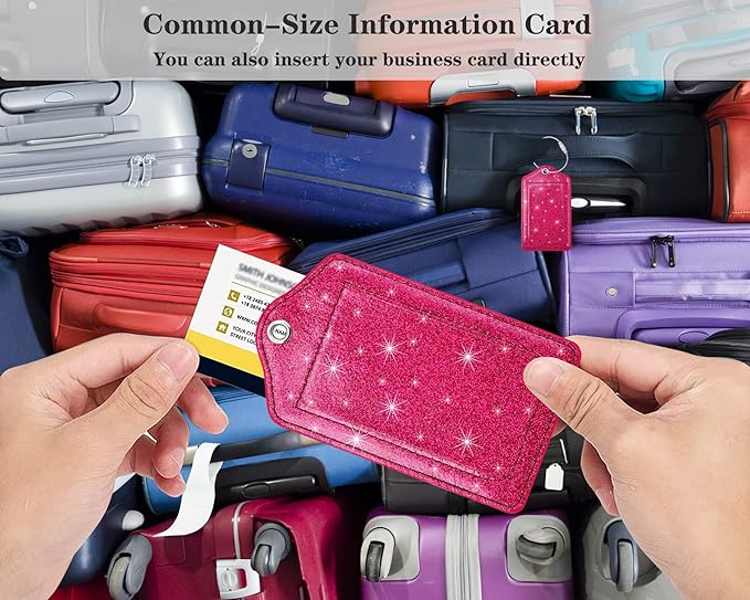 (Set of 2) Luggage Tag Leather Privacy Cover ID Label Address Card with Stainless Steel Loop, Travel Bag Tags Suitcase Labels, Glitter Rosy