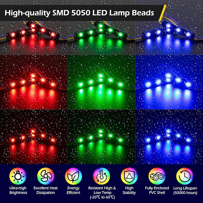 Dyna-Living LED Storefront Lights 120FT Commercial RGB Window Lights for Store Front Decorative 240PCS 3-LED 5050 SMD RGB Module for Signs IP65 Waterproof Strip Light for Business (12 Packs-Black)