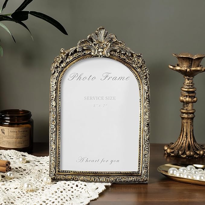 Cuspin 5x7 Picture Frame Vintage Gold Frames, Bronze 5 by 7 Arched Frame Hand-Crafted Resin with Glass Front, Ornate Retro Antique Photo Frames for Wall Hanging and Tabletop Display Home Decor