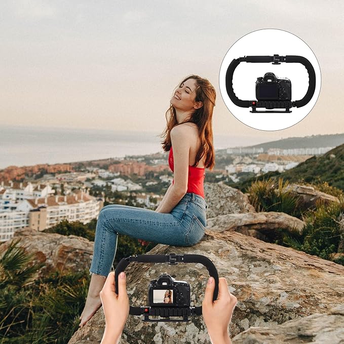 Handheld Camera Stabilizer Video Rig with Dual Grips, Phone Video Stabilizer Grip Compatible for DSLR Cameras, Professional Camcorder Support Bracket for Vlogging and Filmmaking