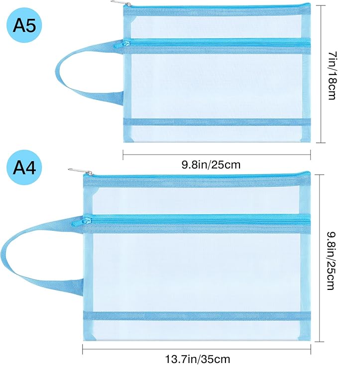 Fassave 6 Pack Mesh Zipper Pouch Bags, Double Layer Nylon Pouch with Handle for Office Travel Organization (Coffee, A4)