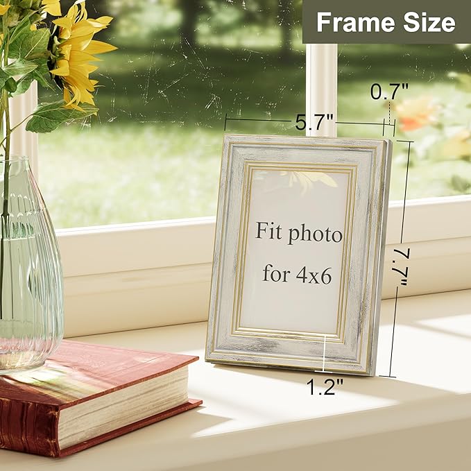 Vittanly 4x6 Picture Frame Set of 4, Vintage Photo Frame for Wall or Tabletop, Display 4x6 Pictures, Rustic Farmhouse Home Decor, Distressed White