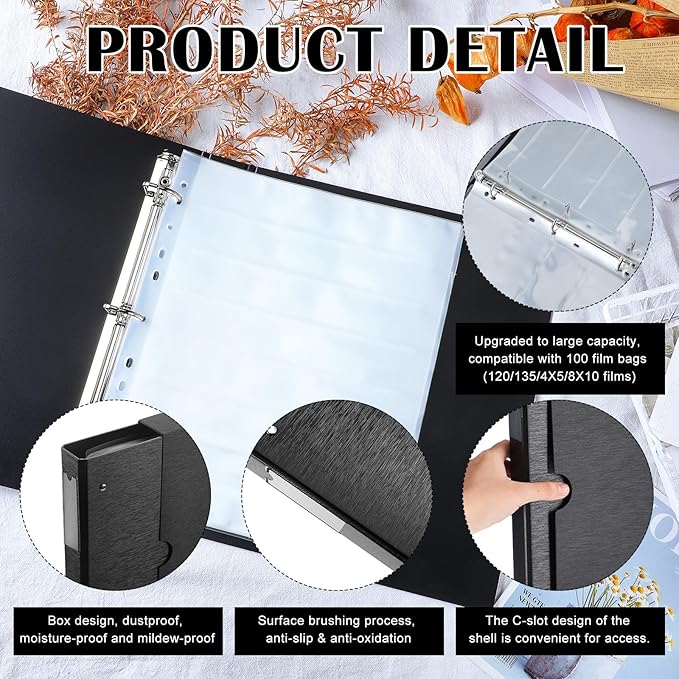 Feifeiya Film Negative Storage Box Set Acid Free Film Protector 3 Ring Film Negative Sleeves Binder 50 Pcs Negative Page Preservers for 120 Film Negative Storage and 135 35mm Negative Sleeves(Black)