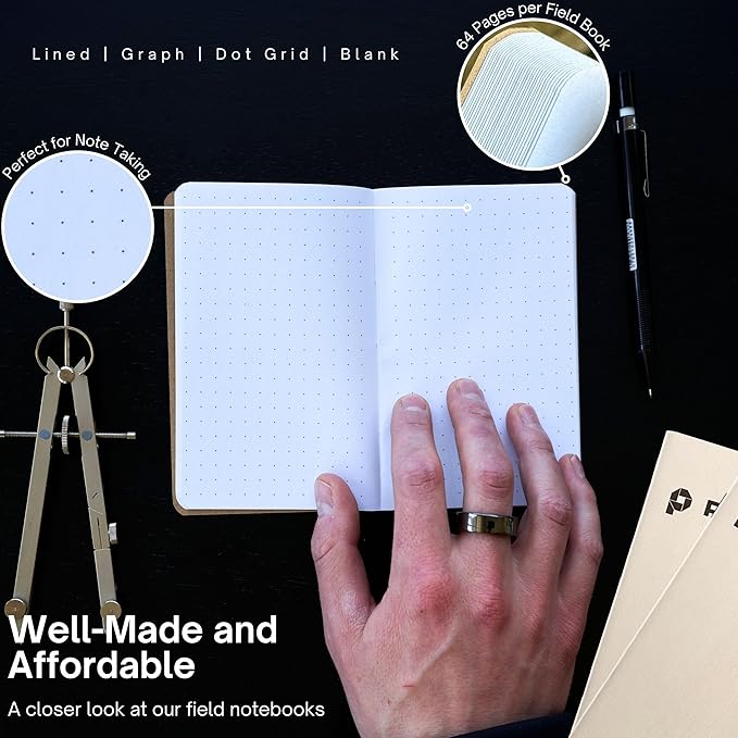 Portage Small Dot Grid Notebook- Notepad for Field Notes, White Dot Grid Small Sketch Book, Pocket Notebook Journal for Taking Notes in the Field – 3.5 x 5.5 Inches, 64 Pages, (Pack of 6)