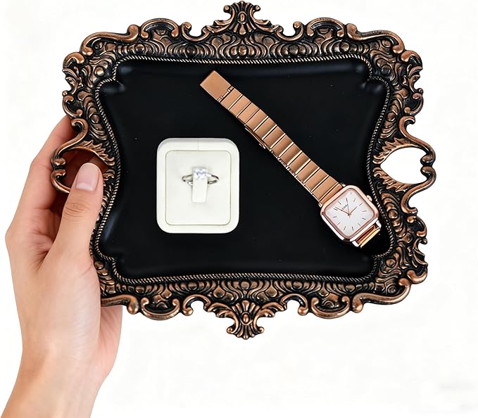 Funly mee 8 x 7 inches Antique Trinket Dish Vintage Jewelry Tray, Ring Holder (Black & Gold, M)