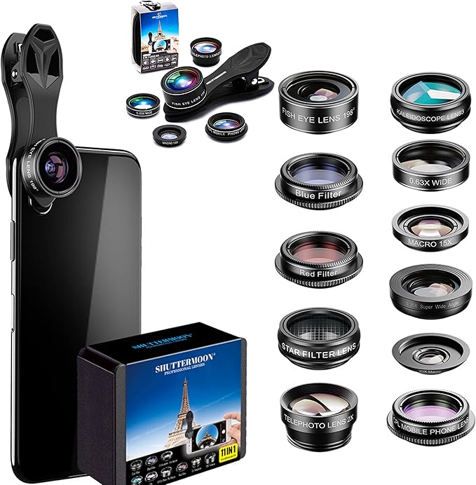 SHUTTERMOON Camera Lens Kit Smartphones/Pixel/Samsung/Android Phones Camera. 2xTele Lens ZoomLens+Fisheye Lens+0.36XSuper Wide Angle Lens & 20X Macro Lens CPL.Blue &Red Filter Filter