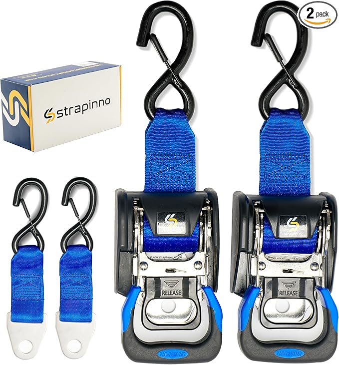 Strapinno 2PCS Stainless Steel Retractable Ratchet Straps (1 7/8 in x 4 ft) Heavy Duty Transom Tie Downs with Extension Straps, Bolt Set & Safety Latch S-Hooks,for Boat,Break Strength 1,650 LBS/750KG