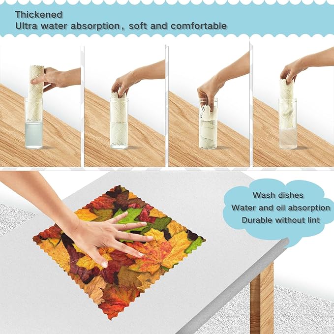 CaTaKu Fall Leaves Kitchen Dish Cloths, Reusable Dish Rags for Washing Dishes, Microfiber Cleaning Cloths Dish Towels Washcloths for Kitchen Drying, 6 Pack