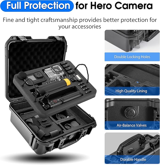 Organizer Hard Case For Gopro Hero 13/12/11/10/9/8 Creator Edition Odorless Compatible with Media Mod/Volta/Chest Mount/ Accessories Waterproof Travel Storage Carrying Case 12.4*4.7*10.4inch