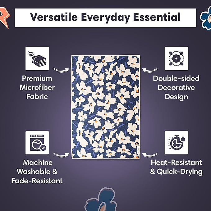Reversible Microfiber Towel - Ultra Absorbent, Quick-Drying Hand Towels - Modern Design, Scratch-Free, Lint-Free for Kitchen, Bathroom, Car Cleaning - 19x29 Inches, Set of 1 (Aqua Daisy- Blue/Orange)