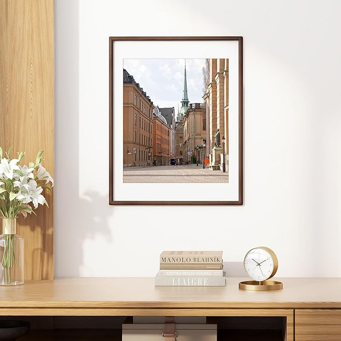 Dreamland 16x20 Natural Wood Frame Solid Walnut Wood Picture Frame Matted to 11x14 Handcrafted Rounded Cornerwith HD Tempered Glass Tabletop or Wall Mount Display, 1 Pack