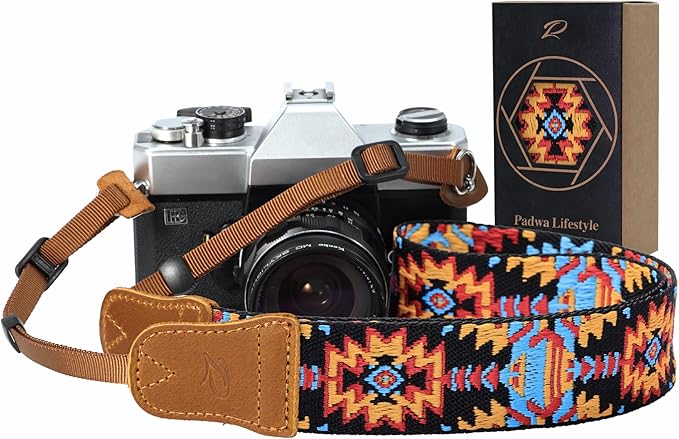Padwa Lifestyle Camera Strap - 1.5" Crazy Horse Cowhide Head Cotton Strap,Vintage Embroidery Camera Straps for Photographers and All Cameras,Cute Adjustable Shoulder Neck Strap for Adults & Kids