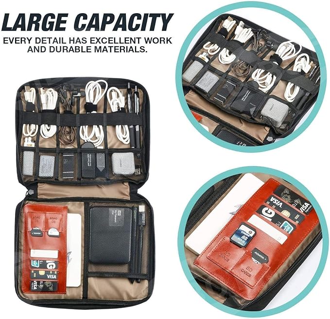 Travel Cable Organizer Bag Double Layer Waterproof Portable Electronic Accessories Organizer for USB Cable Cord Phone Charger Headset Wire SD Card with 10pcs Cable Ties(Black10.6x8 in)
