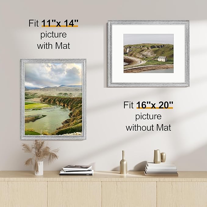 Vittanly 16x20 Picture Frames Set of 2, Ornate Vintage Photo Frame for Wall Mount, Display 11x14 Pictures with Mat or 16x20 without Mat, Rustic Silver