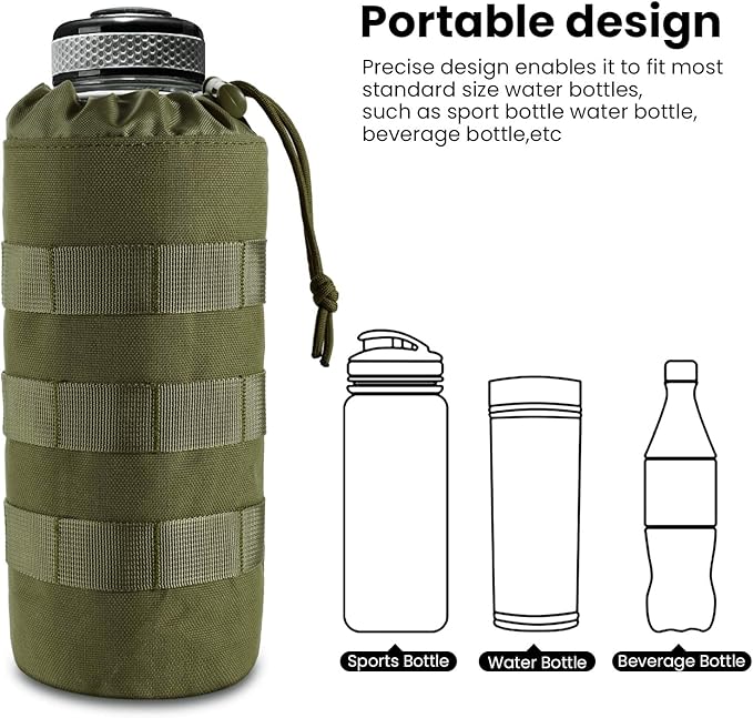 Tactical MOLLE Water Bottle Pouch with Drawstring Open Top & Mesh Bottom, Military Water Bottle Holder Bag Sports Travel Hydration Carrier