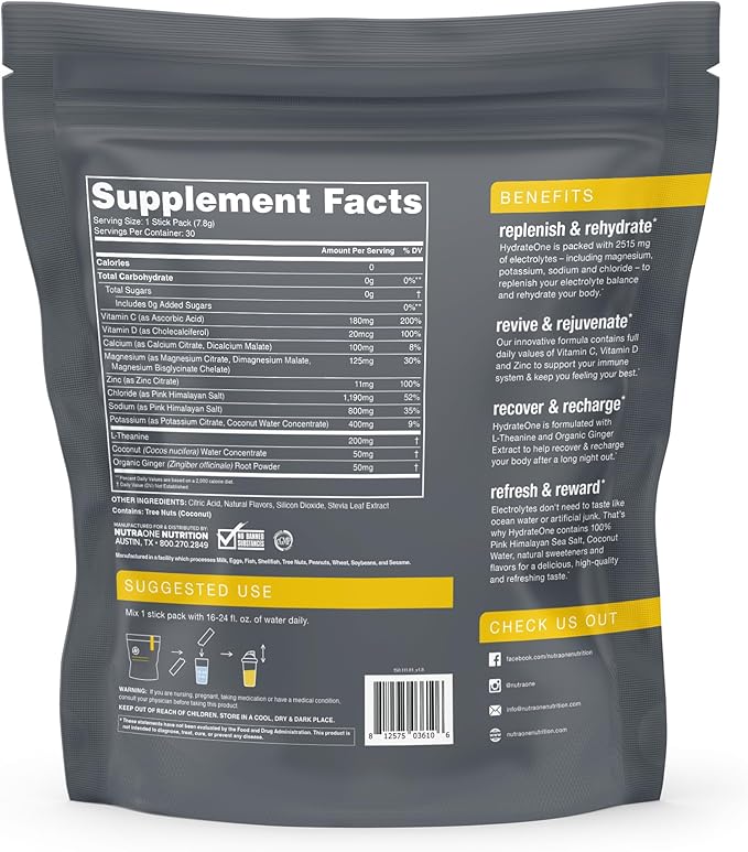 HydrateOne, Electrolyte Drink Mix On-The-Go | Lemon and Lime, 30 Servings