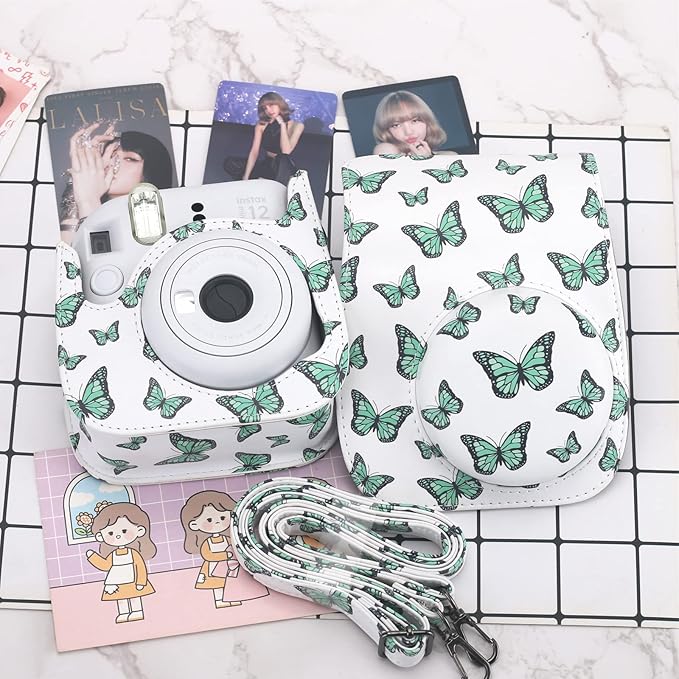 Frankmate Protective Case Compatible with Instax Mini 12 11 9 8 Instant Film Camera with Pocket and Adjustable Strap (Green Butterfly)